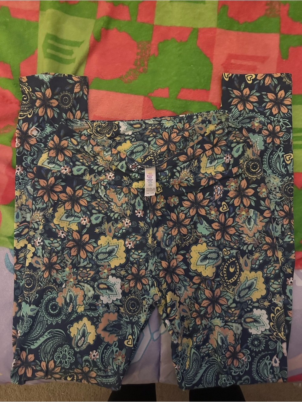 LuLaRoe Floral Paisley Leggings in Navy with Peach and Teal